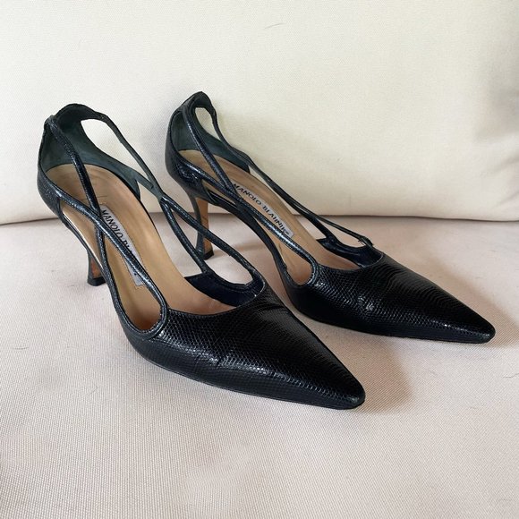 Manolo Blahnik Shoes - MANOLO BLAHNIK Lizard Skin Pointed Toe Cross 3Inch Heels in Black